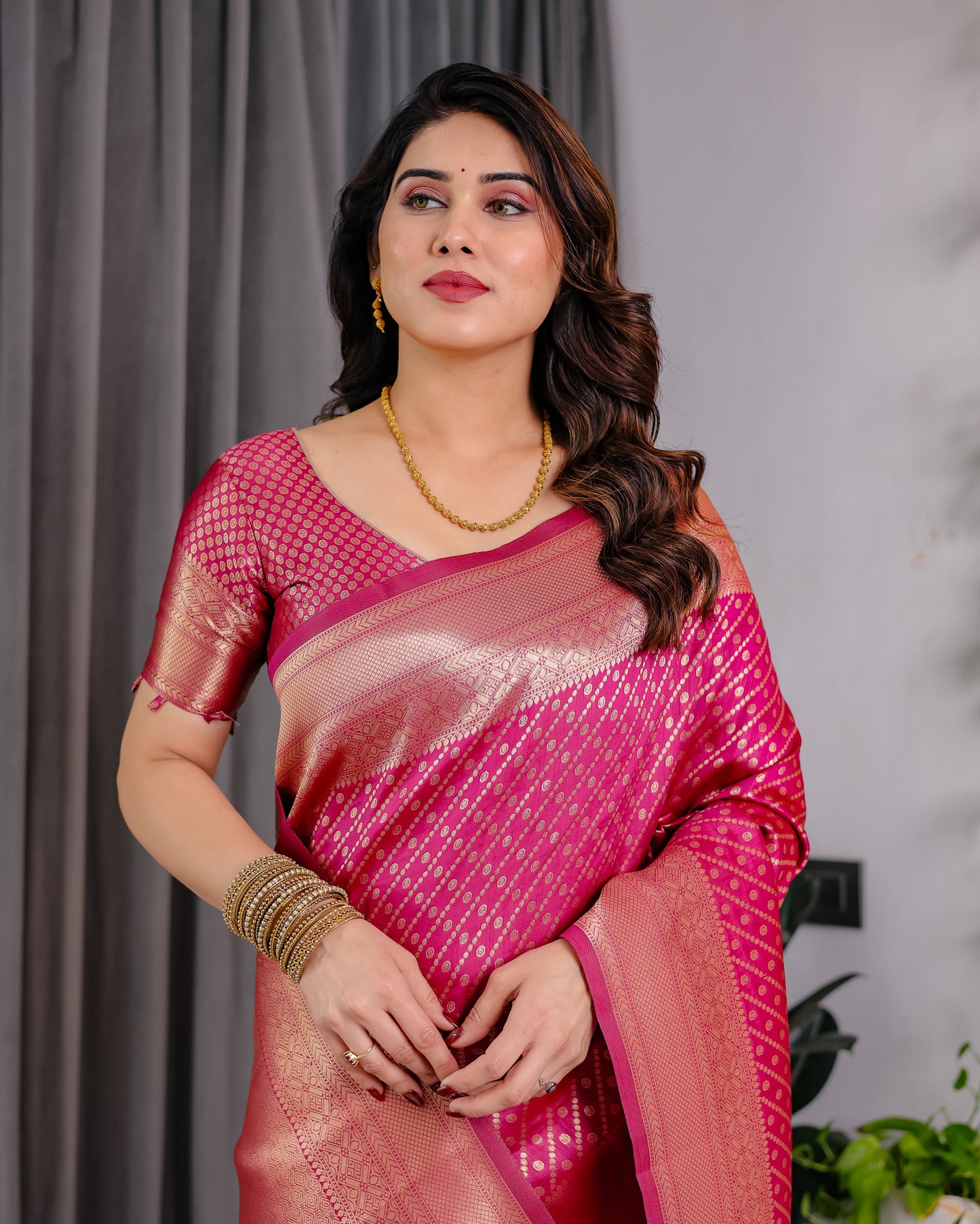 Lichu Silk Jacquard Weaving with Golden Zari Running Blouse