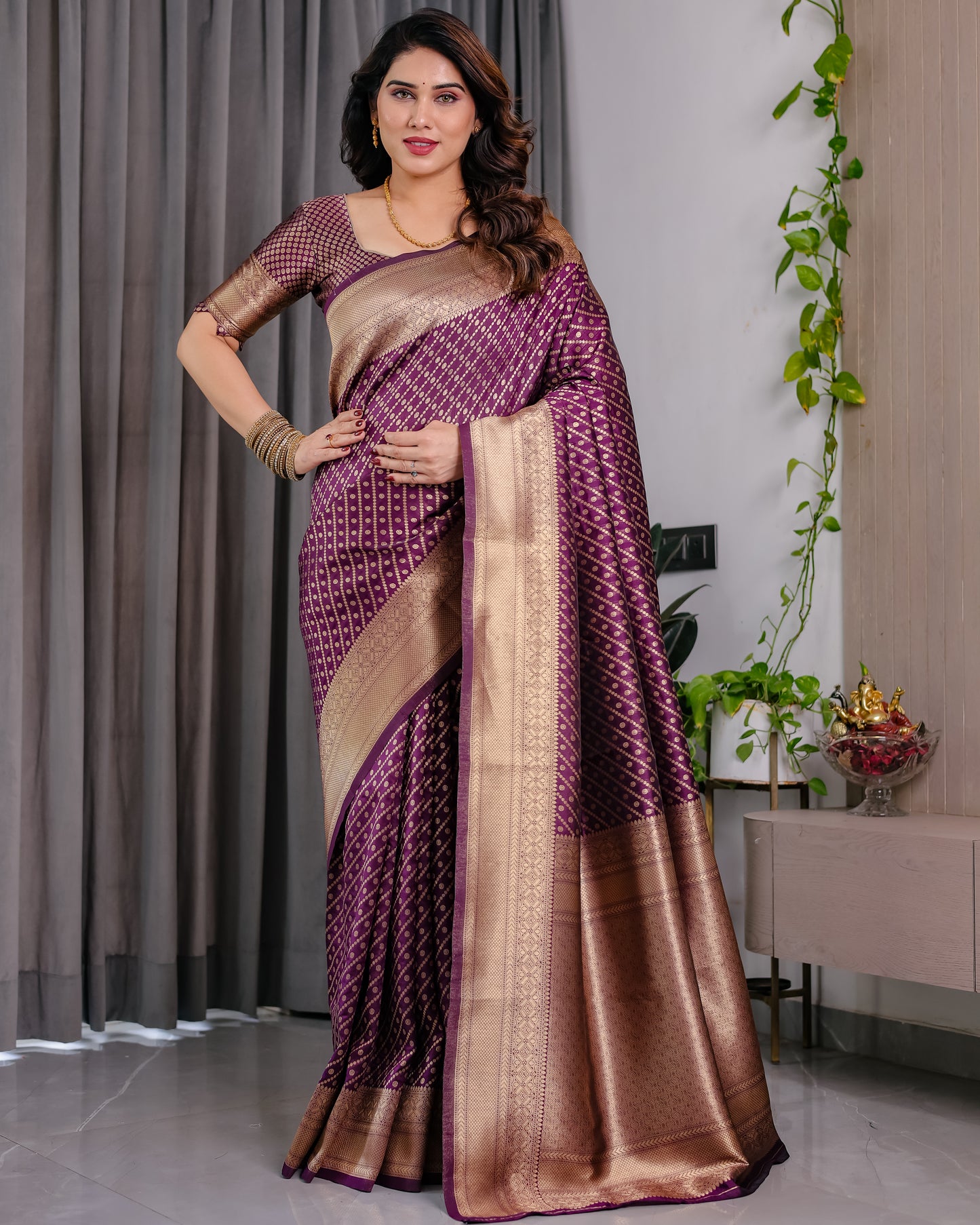 Lichu Silk Jacquard Weaving with Golden Zari Running Blouse