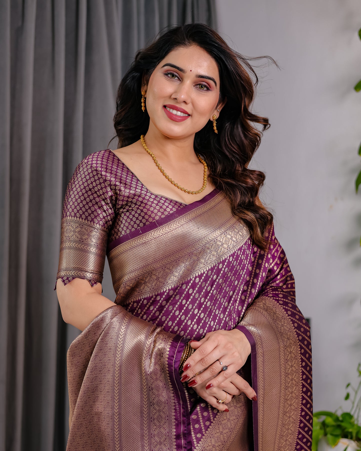 Lichu Silk Jacquard Weaving with Golden Zari Running Blouse