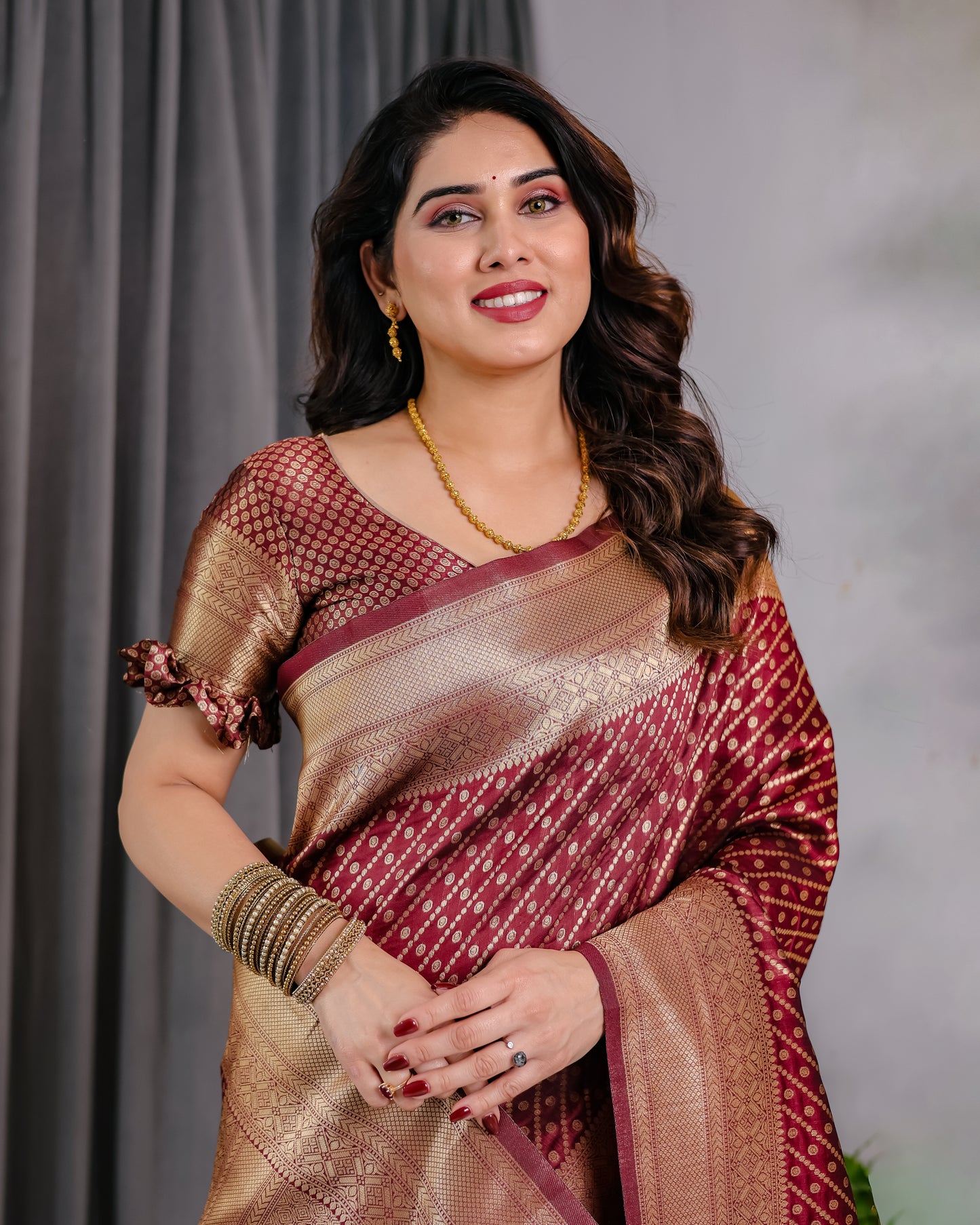Lichu Silk Jacquard Weaving with Golden Zari Running Blouse