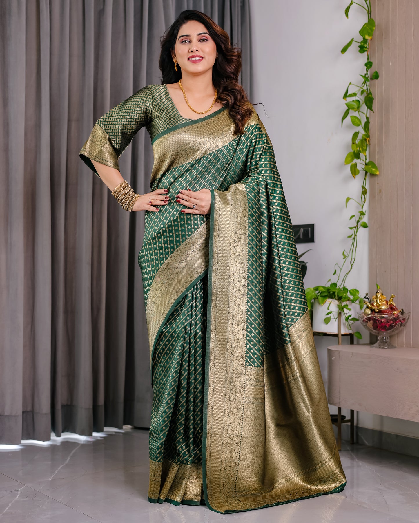 Lichu Silk Jacquard Weaving with Golden Zari Running Blouse