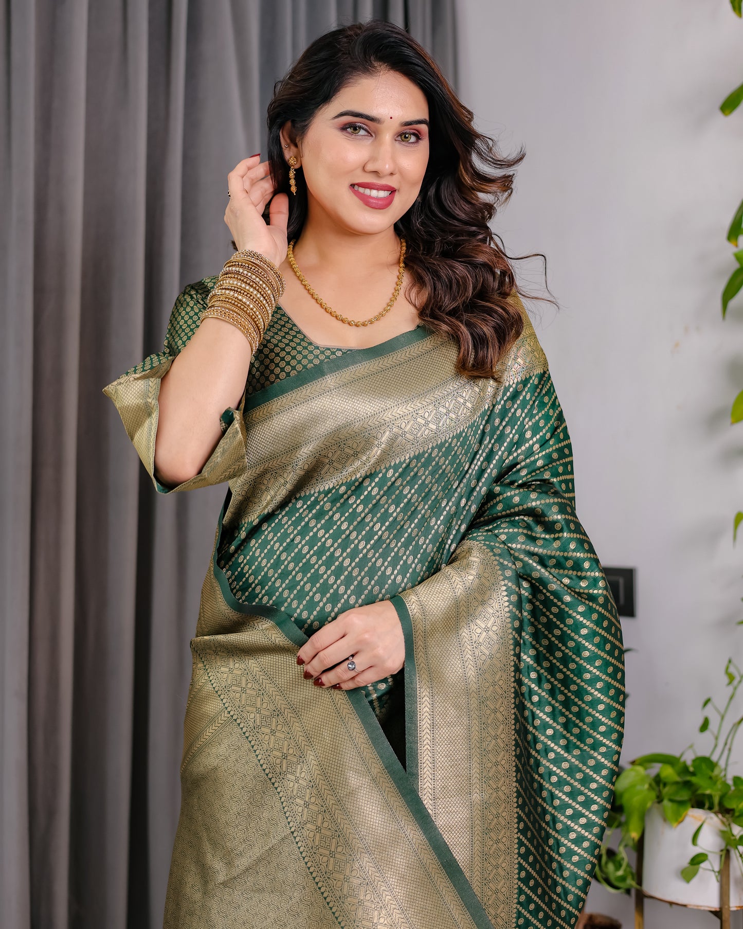 Lichu Silk Jacquard Weaving with Golden Zari Running Blouse