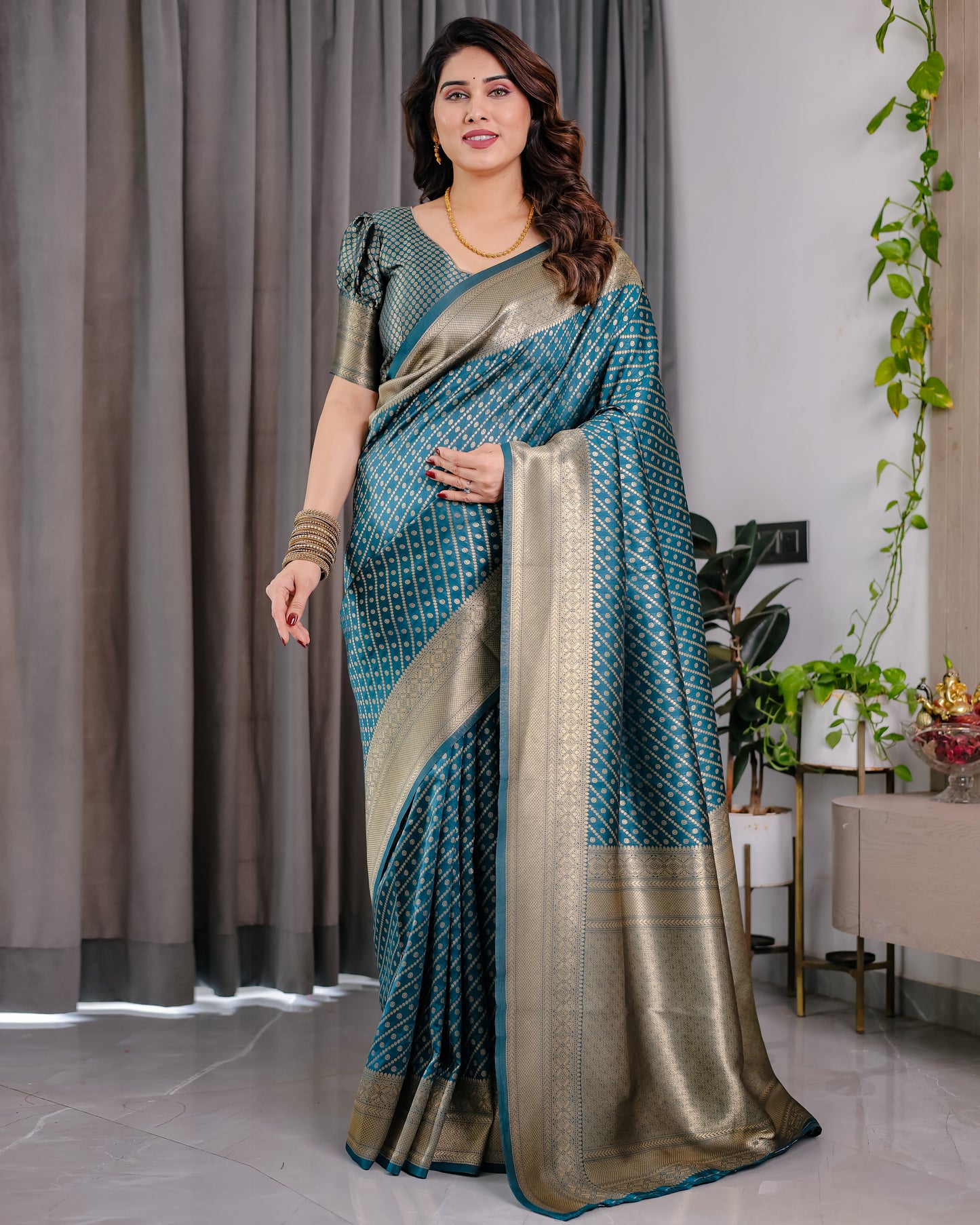 Lichu Silk Jacquard Weaving with Golden Zari Running Blouse
