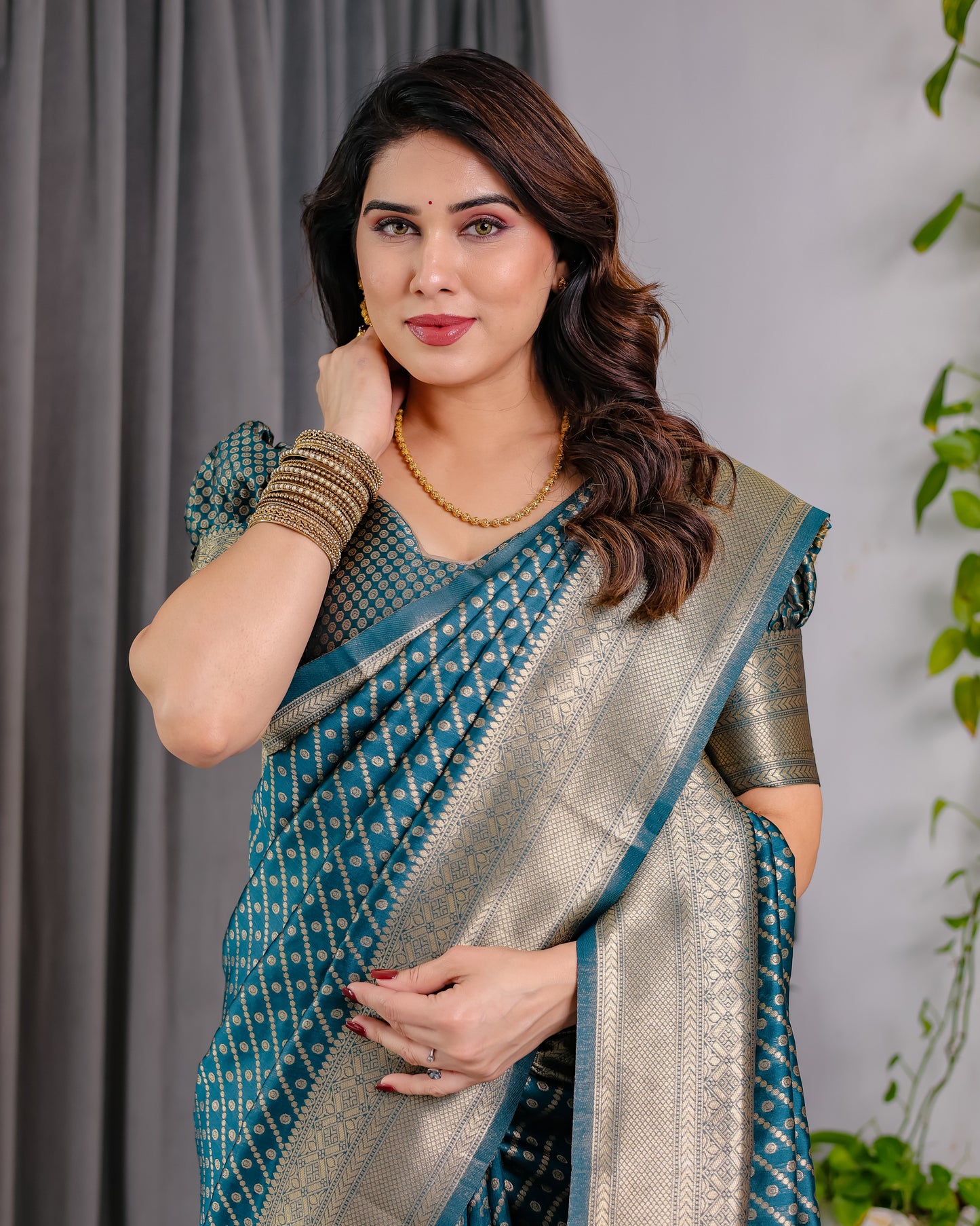 Lichu Silk Jacquard Weaving with Golden Zari Running Blouse