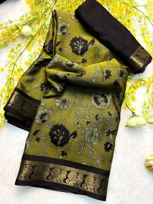 Soft Black Dola Silk Saree | Pen Kalamkari Design | Two-Tone Silk & Zari Hamsa Border (M1009)