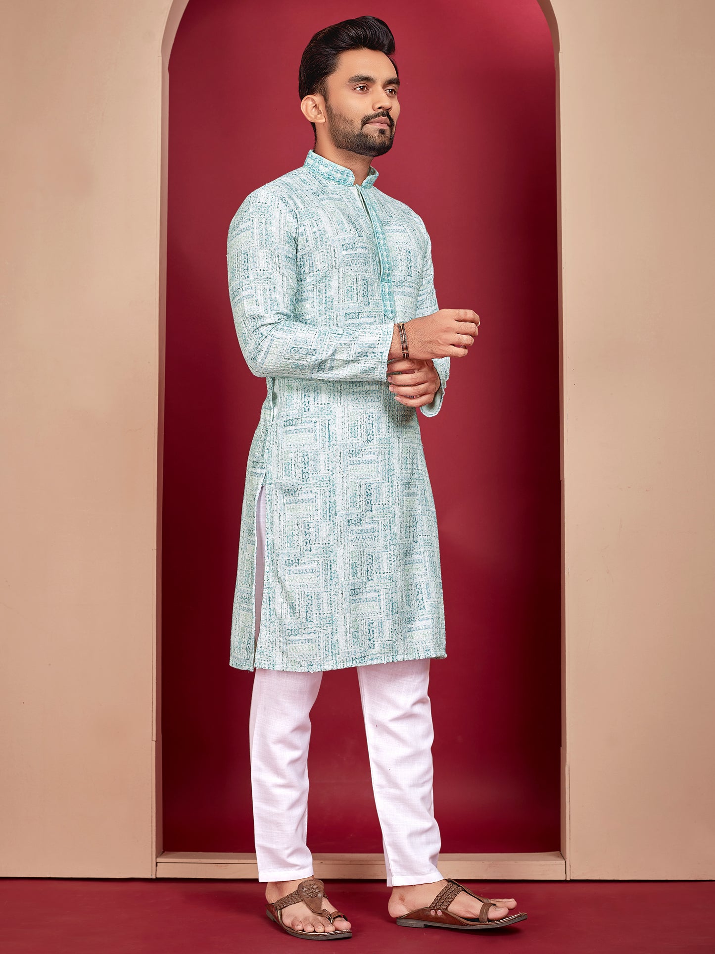 LUCKNOWI WORK WITH UNIQUE DIGITAL PRINT KURTA PAJAMA