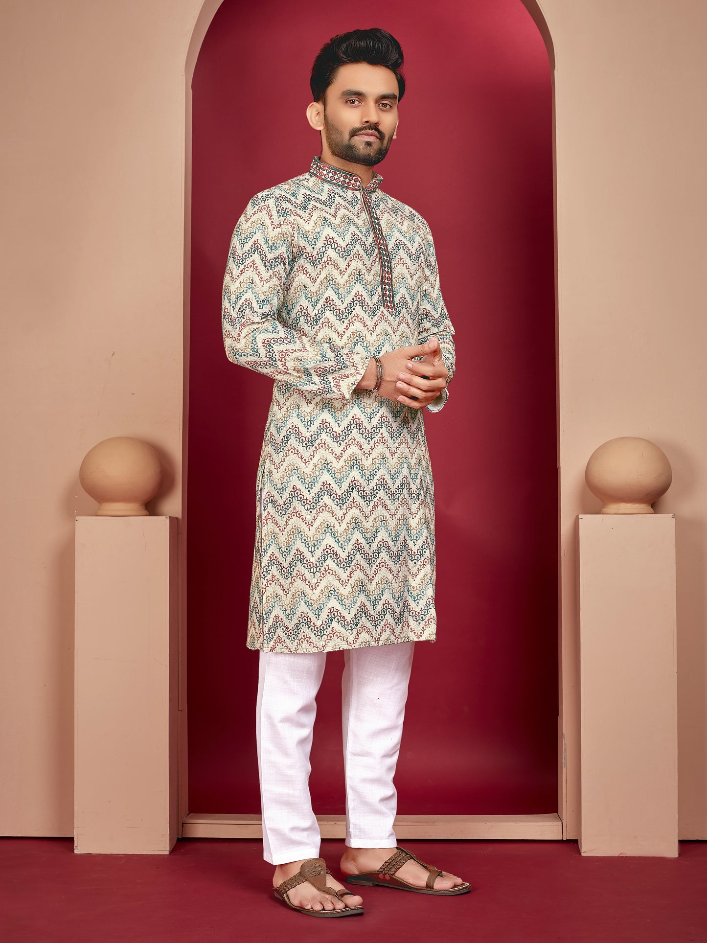 LUCKNOWI WORK WITH UNIQUE DIGITAL PRINT KURTA PAJAMA