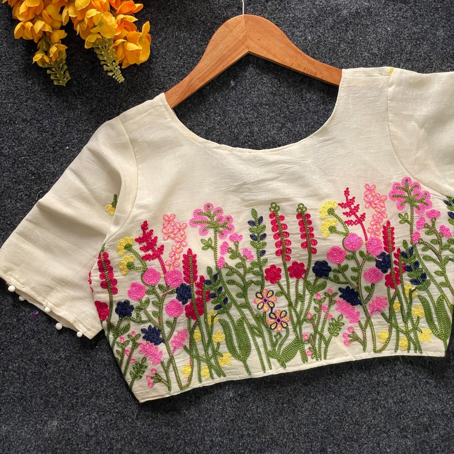 Pure Khadi Cotton Partywear Blouse Heavy Stitching Heavy Padded With Beautiful Works, Sleeves Front Open Style