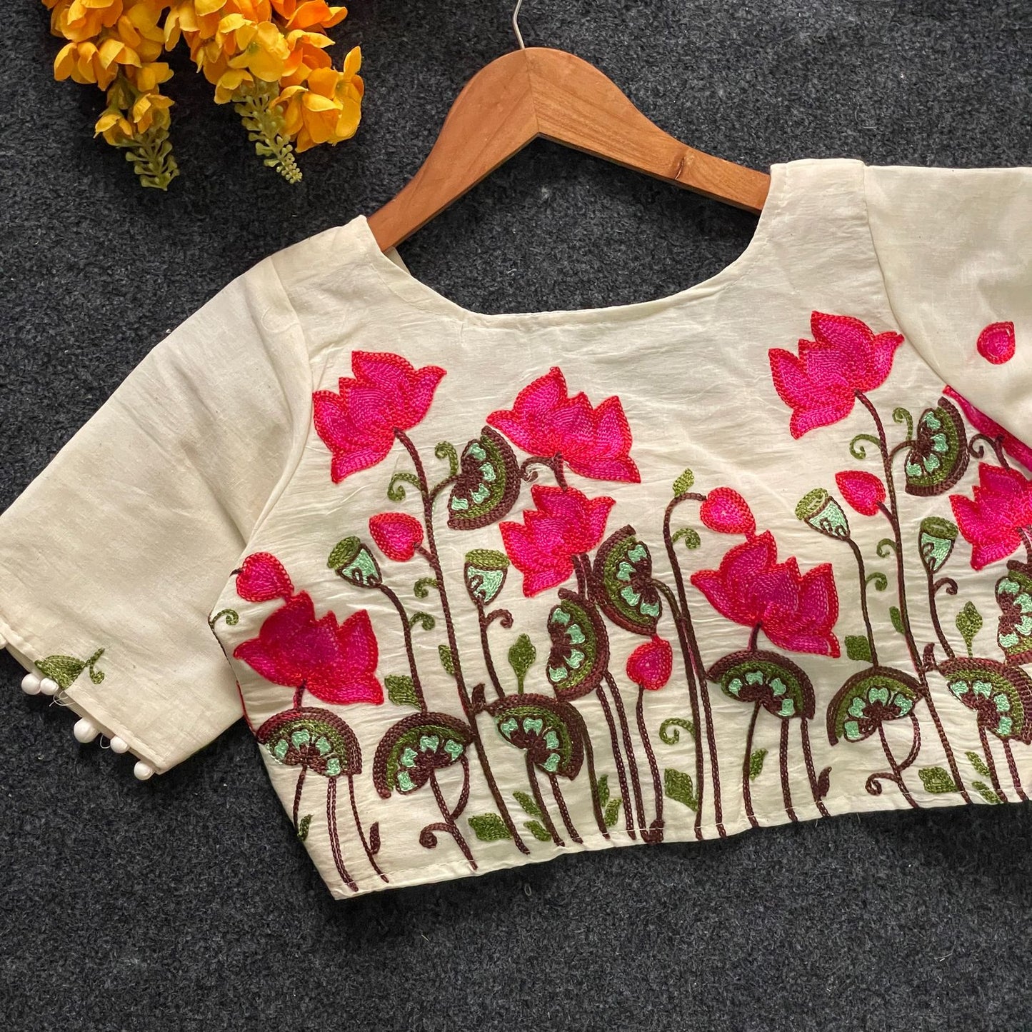Pure Khadi Cotton Partywear Blouse Heavy Stitching Heavy Padded With Beautiful Works, Sleeves Front Open Style