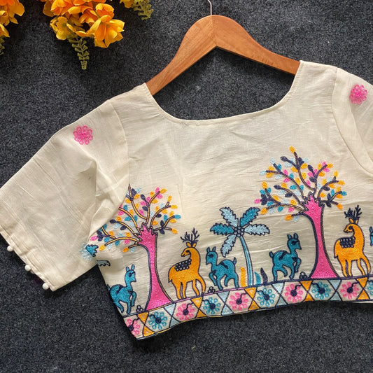 Pure Khadi Cotton Partywear Blouse Heavy Stitching Heavy Padded With Beautiful Works, Sleeves Front Open Style