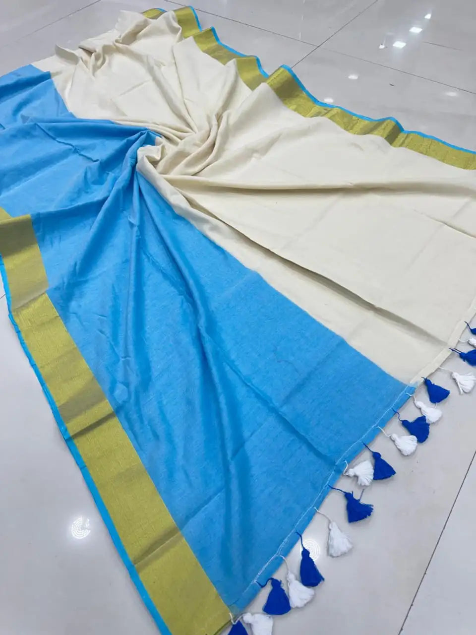 Half & Half South Mul Cotton Saree with Pom-Pom Border | Pure Mul Cotton