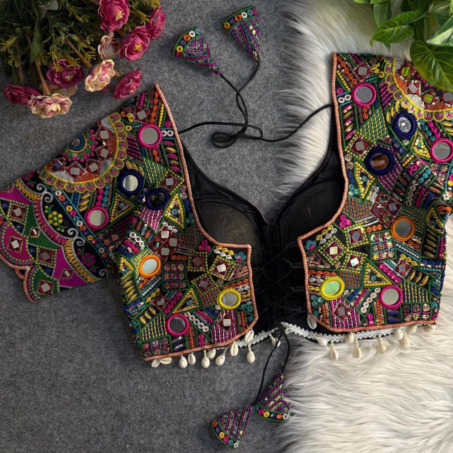 Navratri Special Real Multi Mirror Work Apple Cut Stylish Blouse