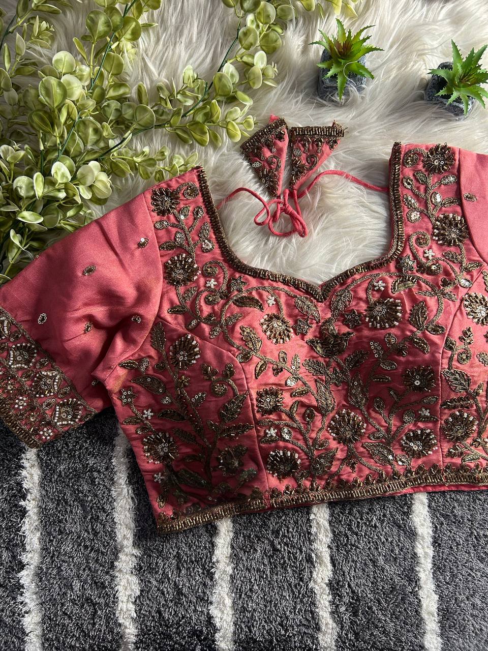 BEAUTIFUL HEAVY STARS BEADS COPPER MATCHING WORK BRIDAL BLOUSE