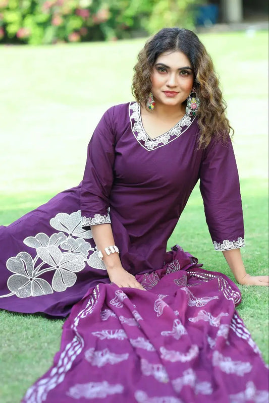 Close-up of embroidery work on wine pure cotton A-line kurti