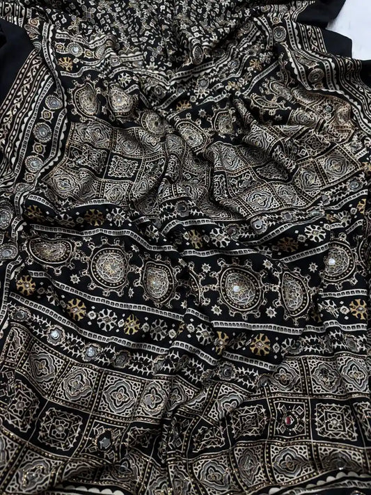 Women's Soft Crepe Silk Saree with Ajrakh Print & Real Mirror Work - NC-5554