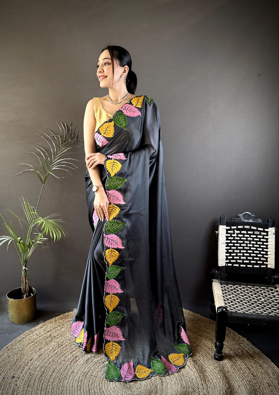 Multicolor Leaf Embroidery Saree in Rangoli Silk