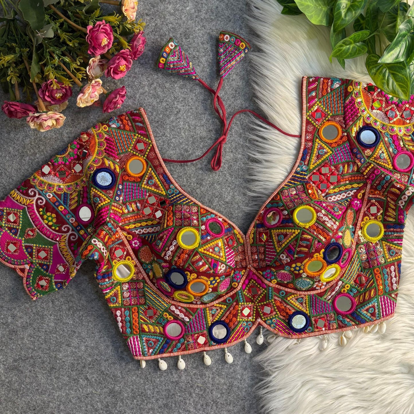 Navratri Special Real Multi Mirror Work Apple Cut Stylish Blouse