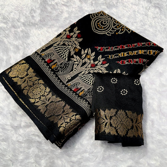 Women's black heavy marshmallow blooming saree with foil design and zari border front view