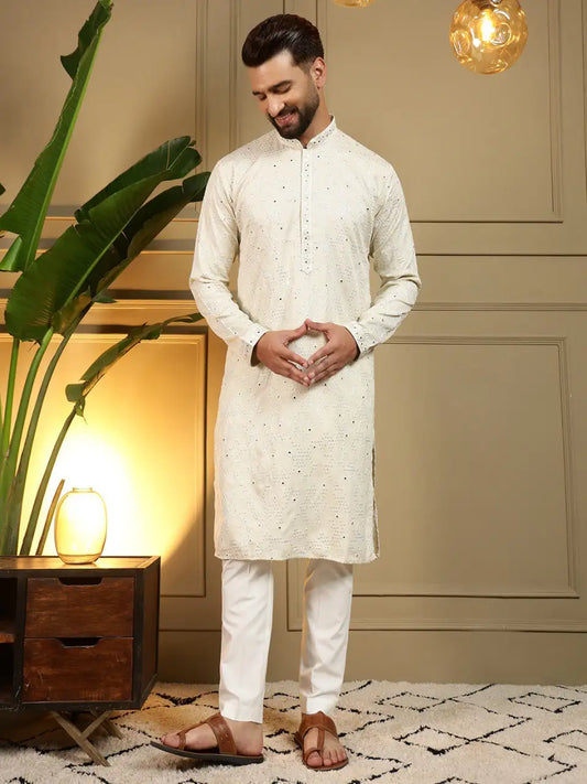Men’s Heavy Khadi Cotton Embroidery Mirror Work Kurta Pyjama Set with Semi Cotton Chudidar – Festive & Wedding Wear Vantara-07