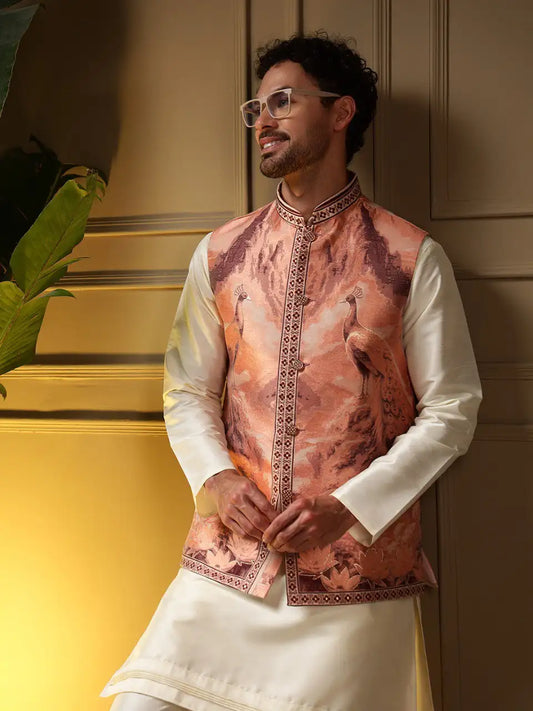 Mor Koti Set – Men’s Jacquard 3D Weaving Koti with Slub Silk Kurta & Pant | Premium Wedding & Festive Wear (3-Piece Set)