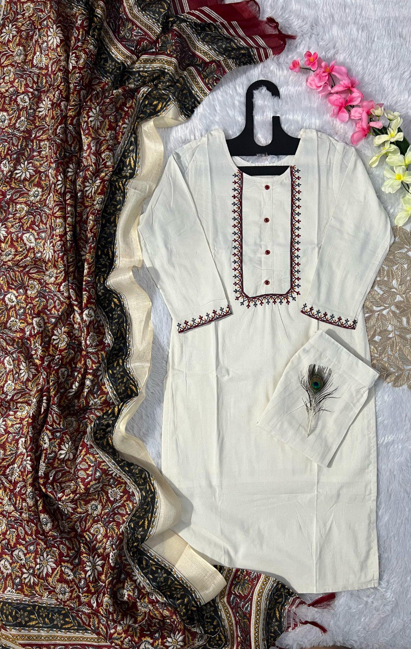 Khadi Cotton Fully Stitched Ethnic Set with Dupatta
