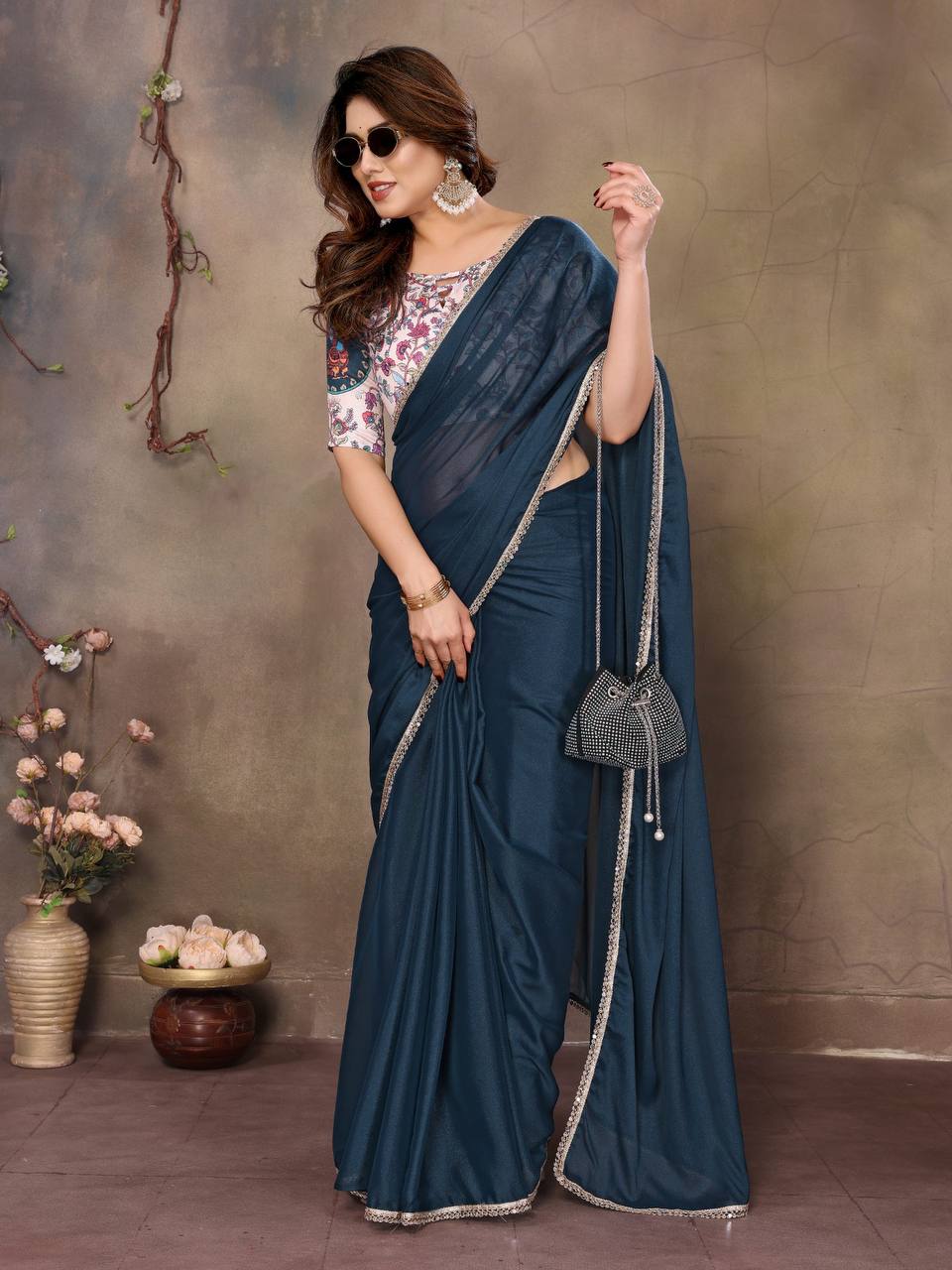 Star Georgette Silk Solid Saree with Mirror Lace