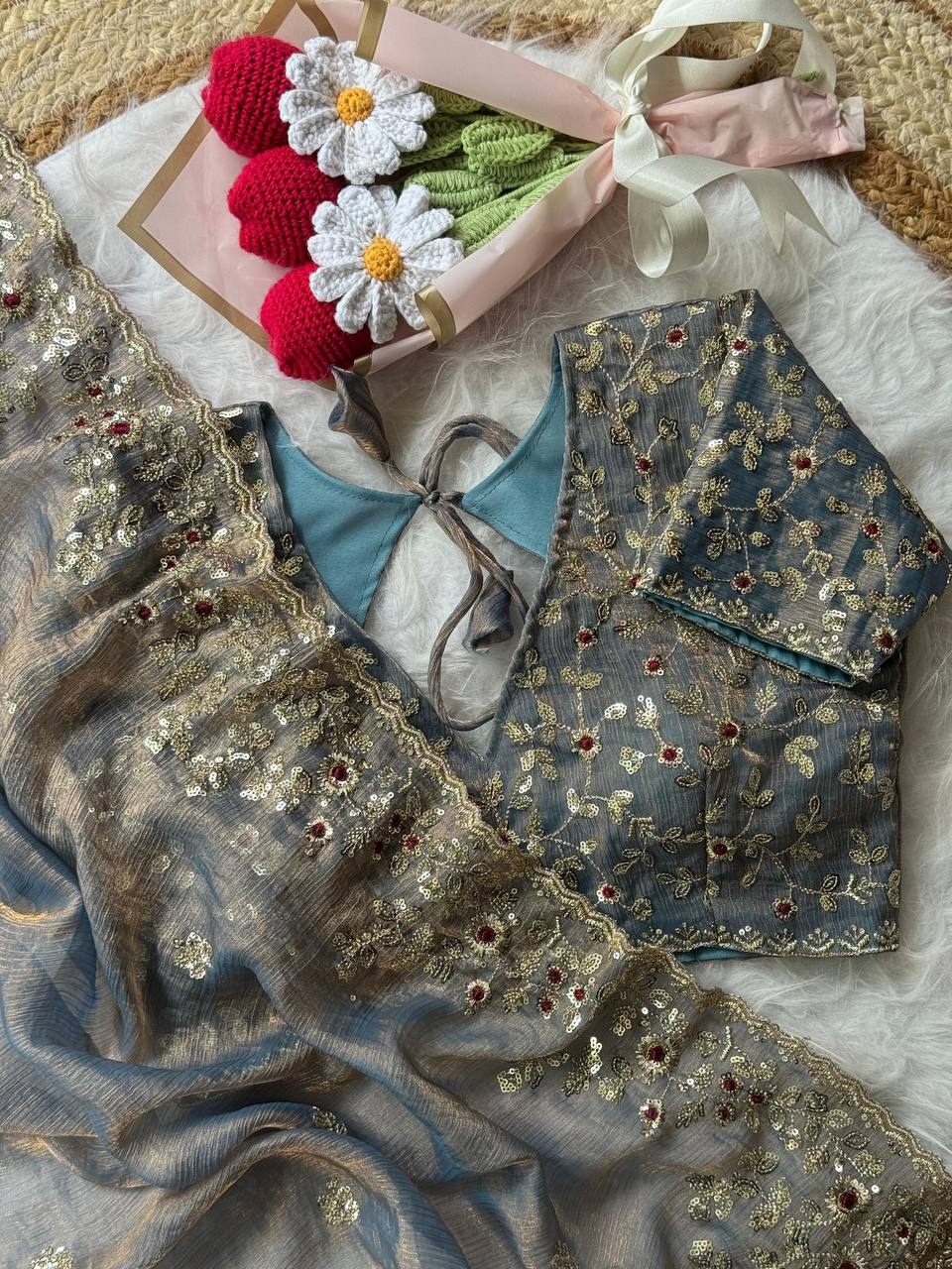 Soft Fendy Chiffon saree with heavy embroidery sequins and thread work