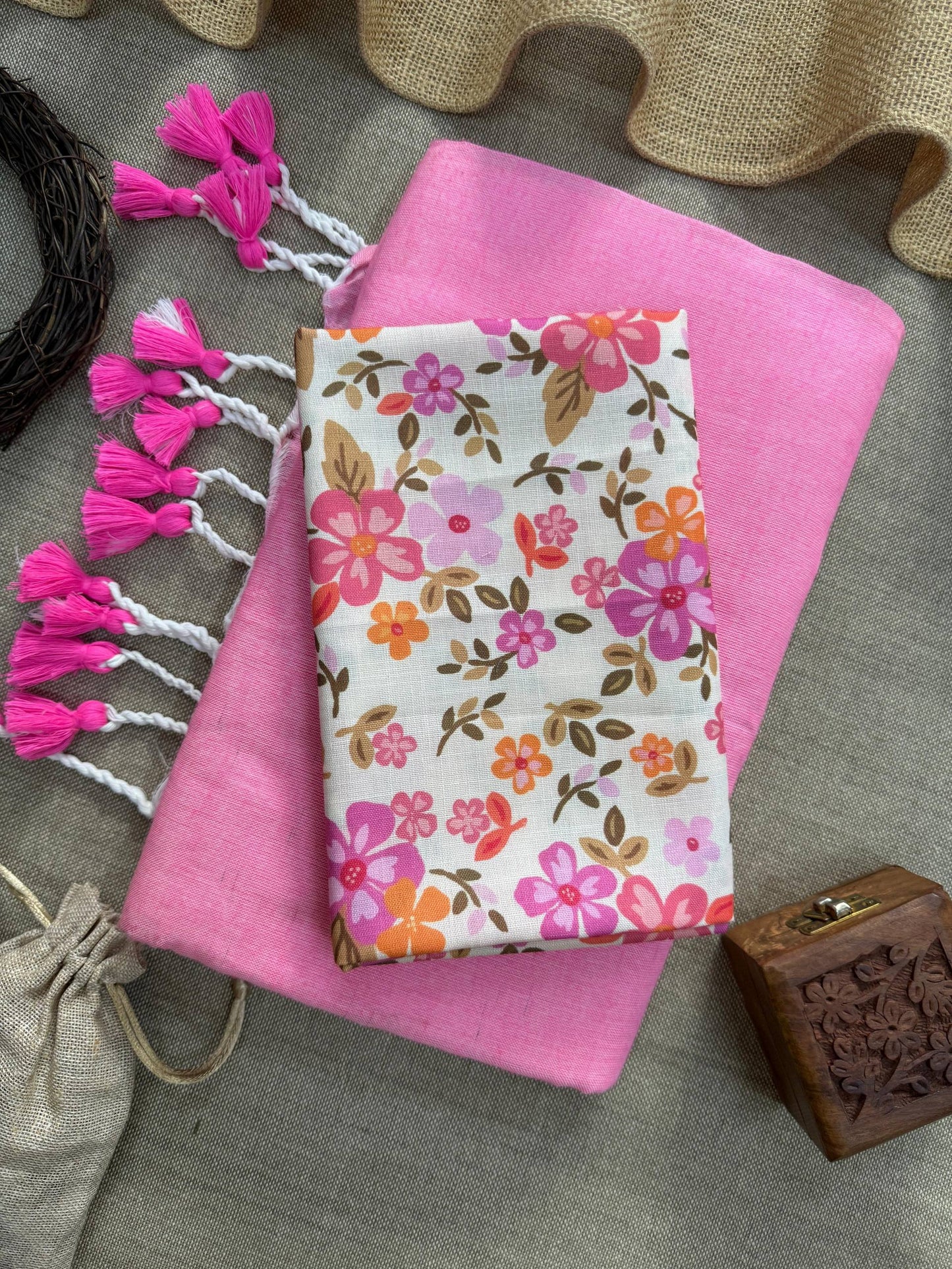 Khadi Cotton Saree With Tassels And Printed Blouse