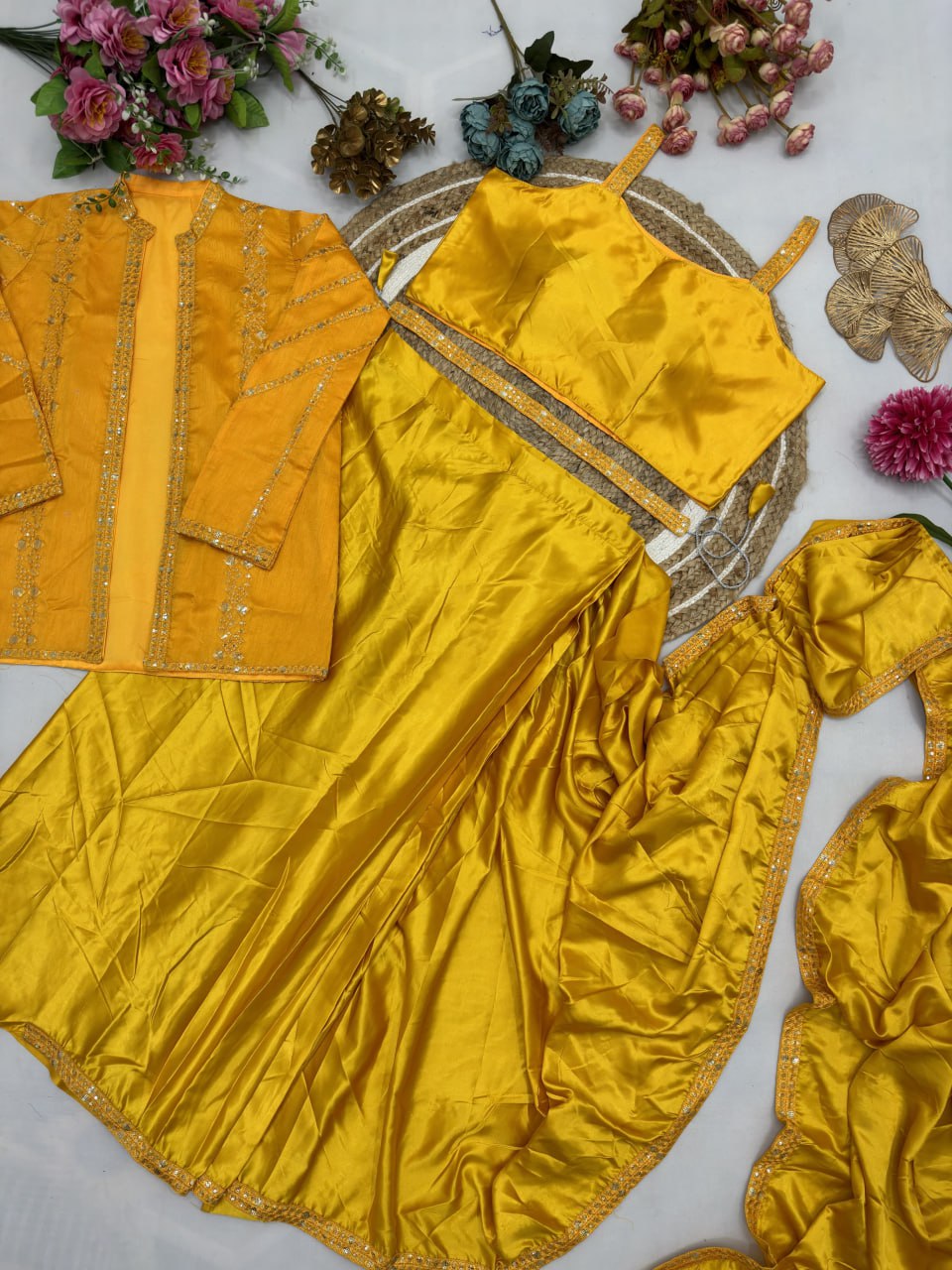 Diamond Satin Silk Multi-Thread Embroidery with Sequence Ready To Wear Saree With Jacket
