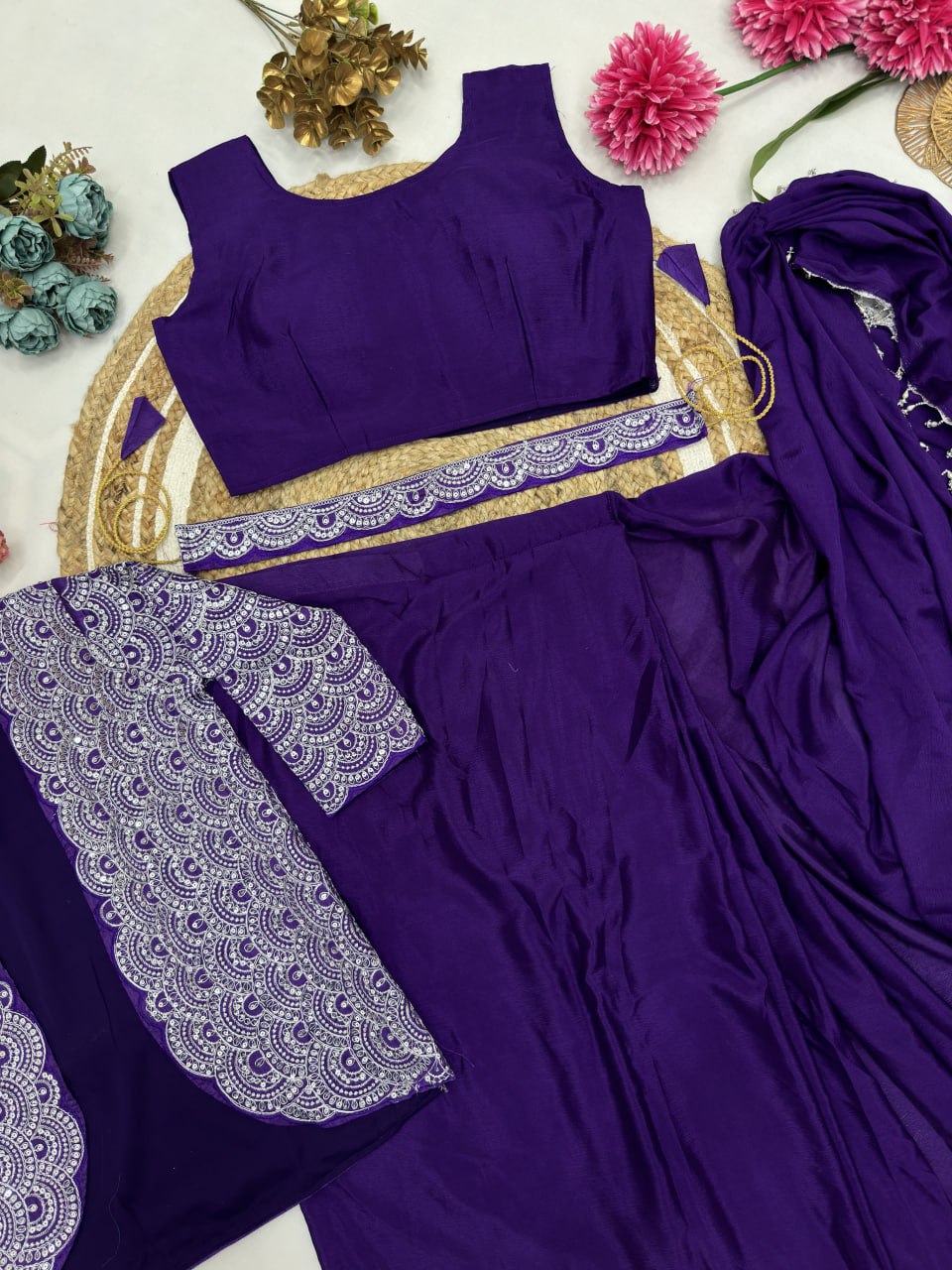 Chinnon Silk with Multi-Thread Embroidery Sequins Ready To Wear Saree With Koti