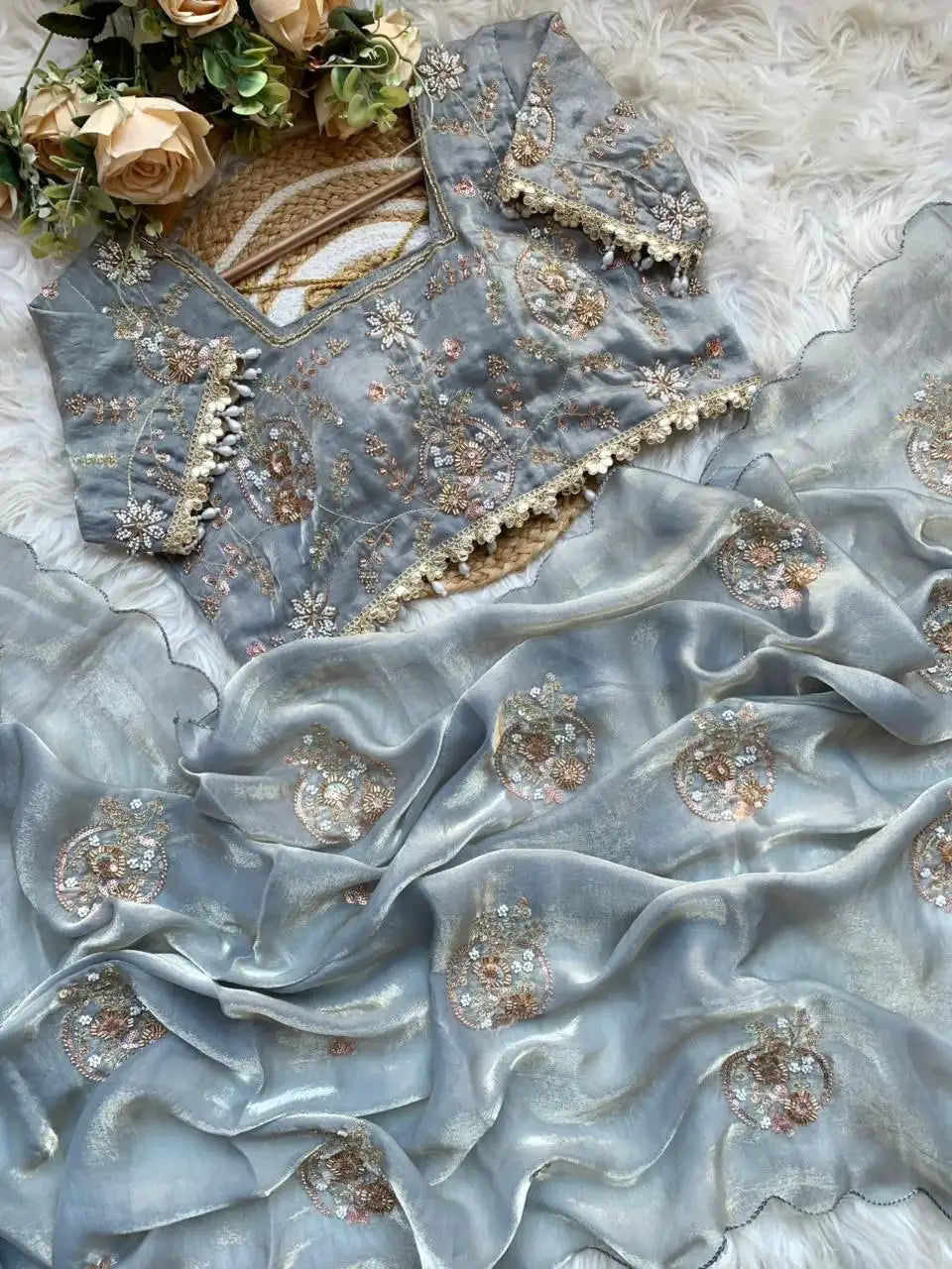 Alaika Space Silk Saree with Heavy Embroidery Beats Work & Stitched Blouse