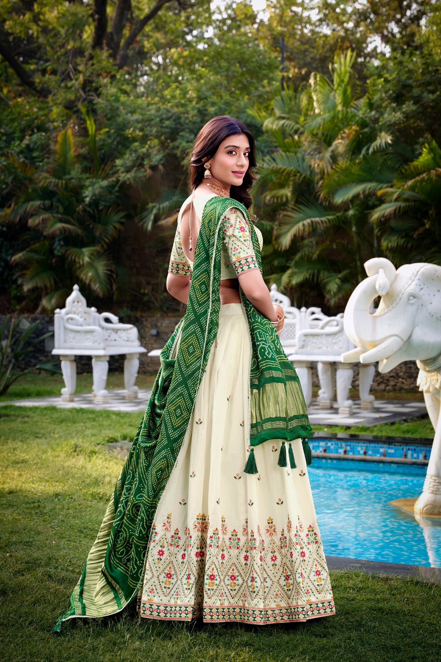 Green Khadi Cotton Sequins and thread embroidery