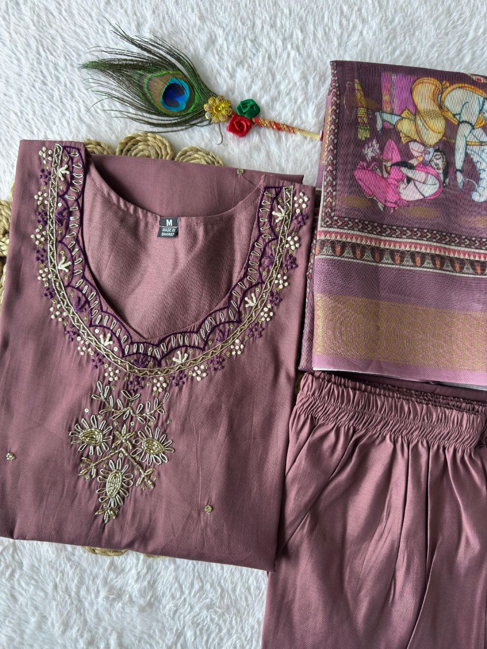 Premium Roman Silk Designer Kurti Pant Dupatta Set