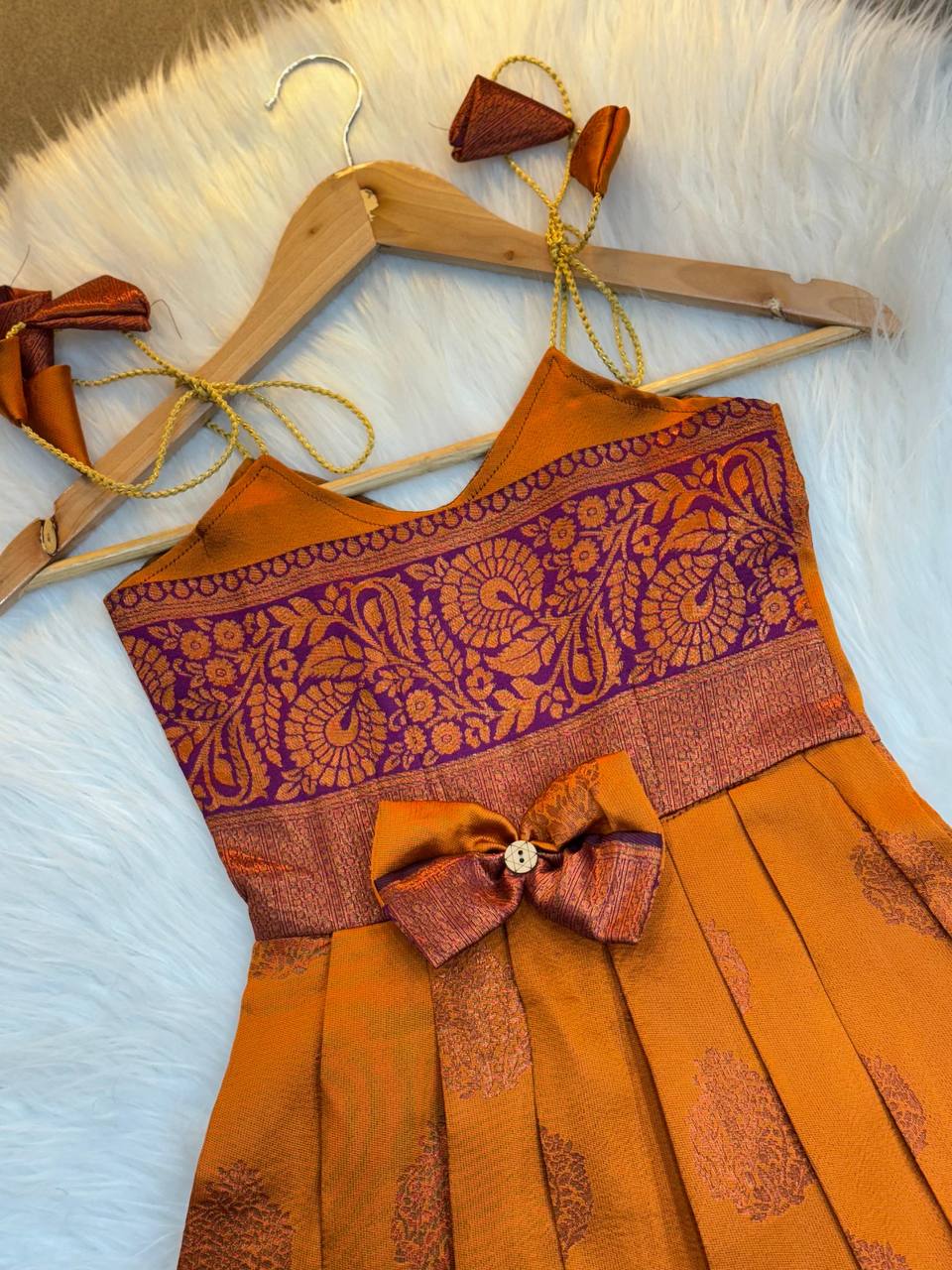 Kids Silk Gown with Jacquard Weaving & Embroidery Lace