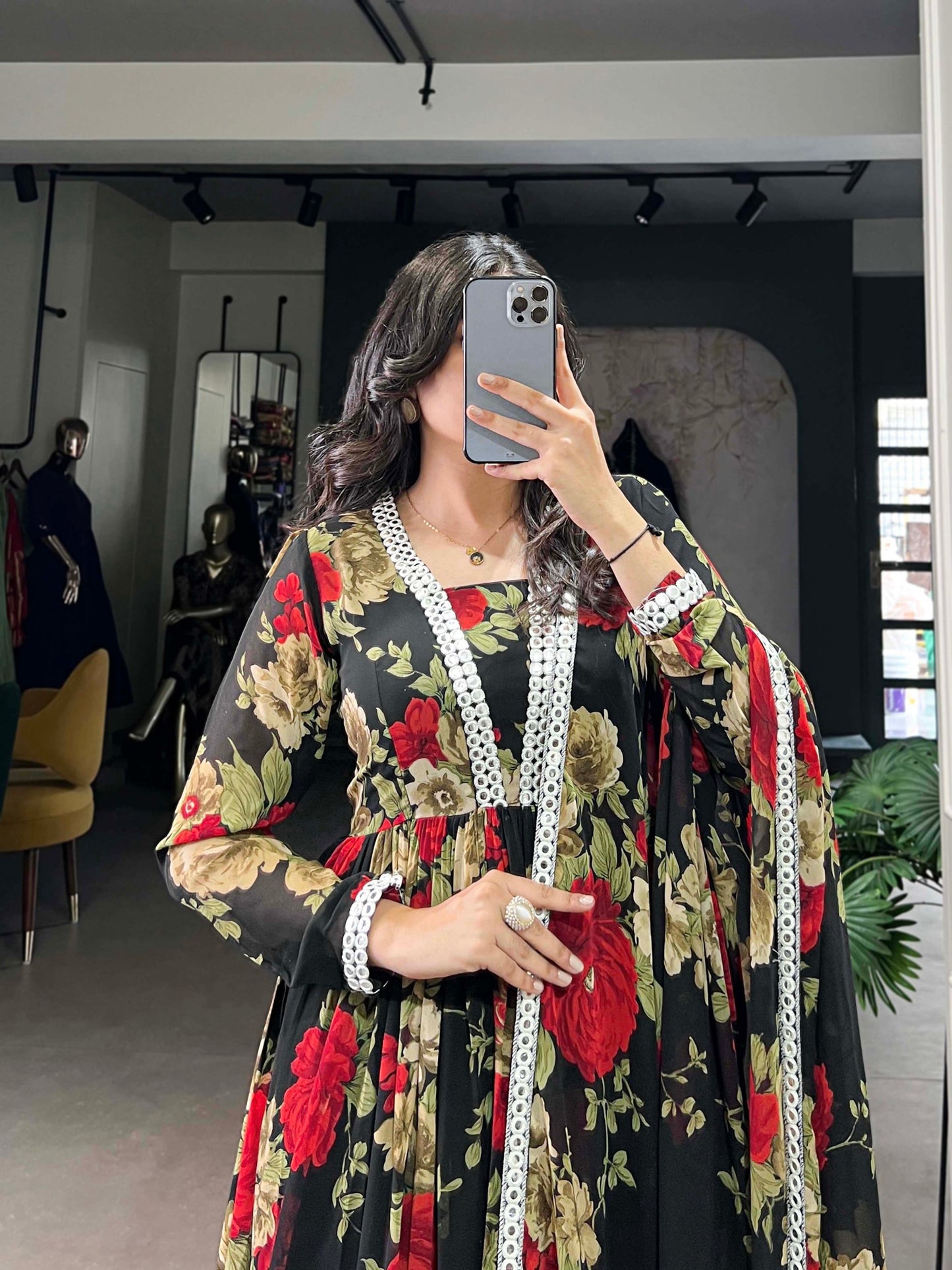 Floral Print Georgette Gown with Dupatta