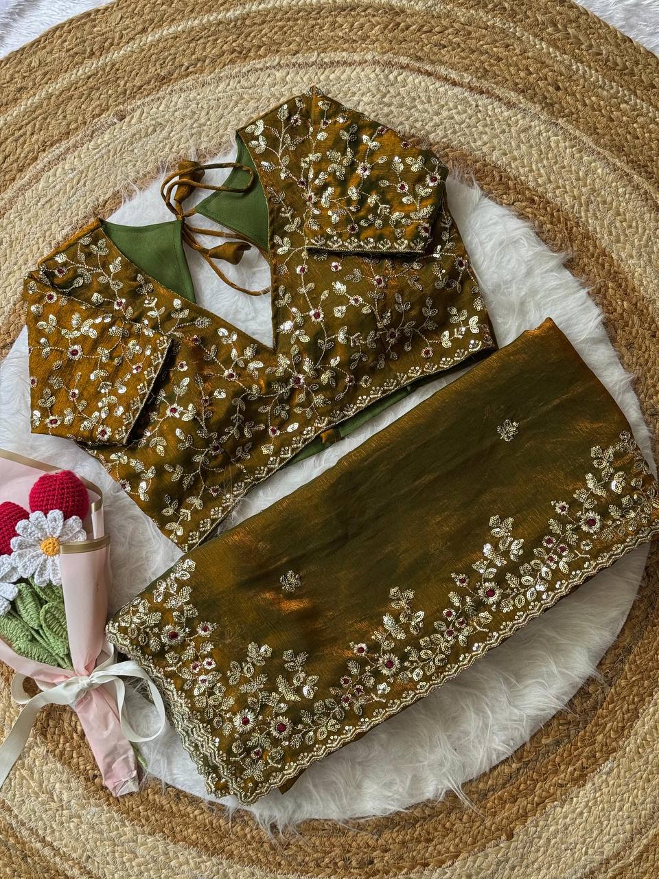 Soft Fendy Chiffon saree with heavy embroidery sequins and thread work