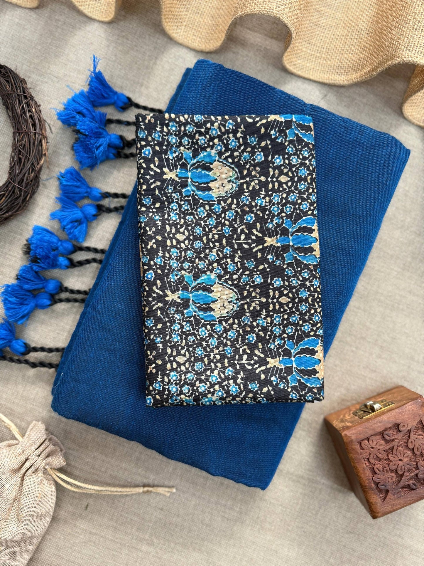 Khadi Cotton Saree With Tassels And Printed Blouse