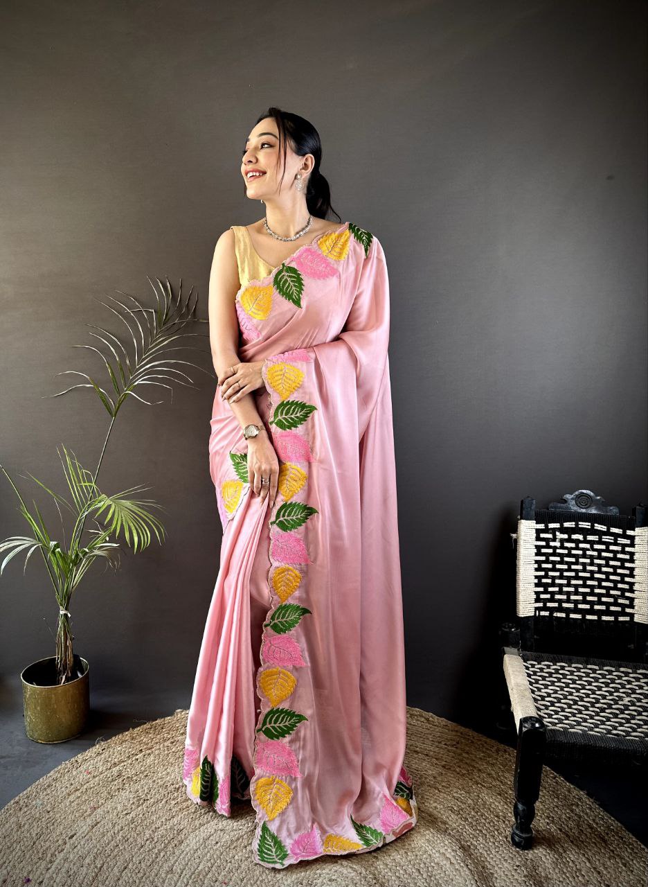 Multicolor Leaf Embroidery Saree in Rangoli Silk