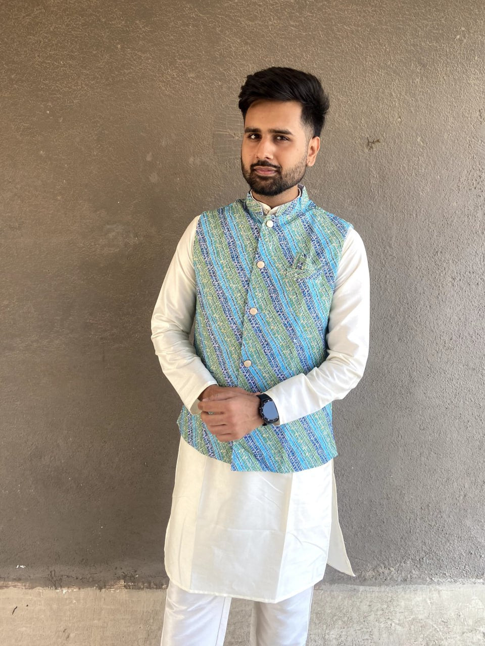 MENS'S KURTA PAJAM WITH JACKET SEQUNCE WORK AND PRINT