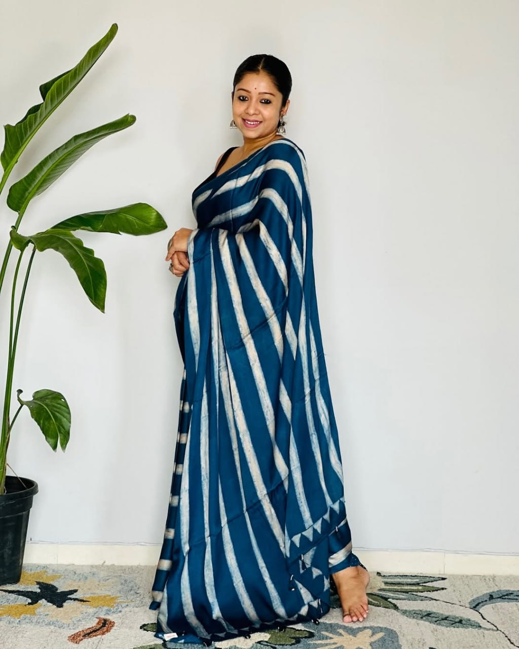 Ajrakh Print Japan Silk Saree (Semi Gajji) with Rich Pallu & Contrast Blouse – SF-2233