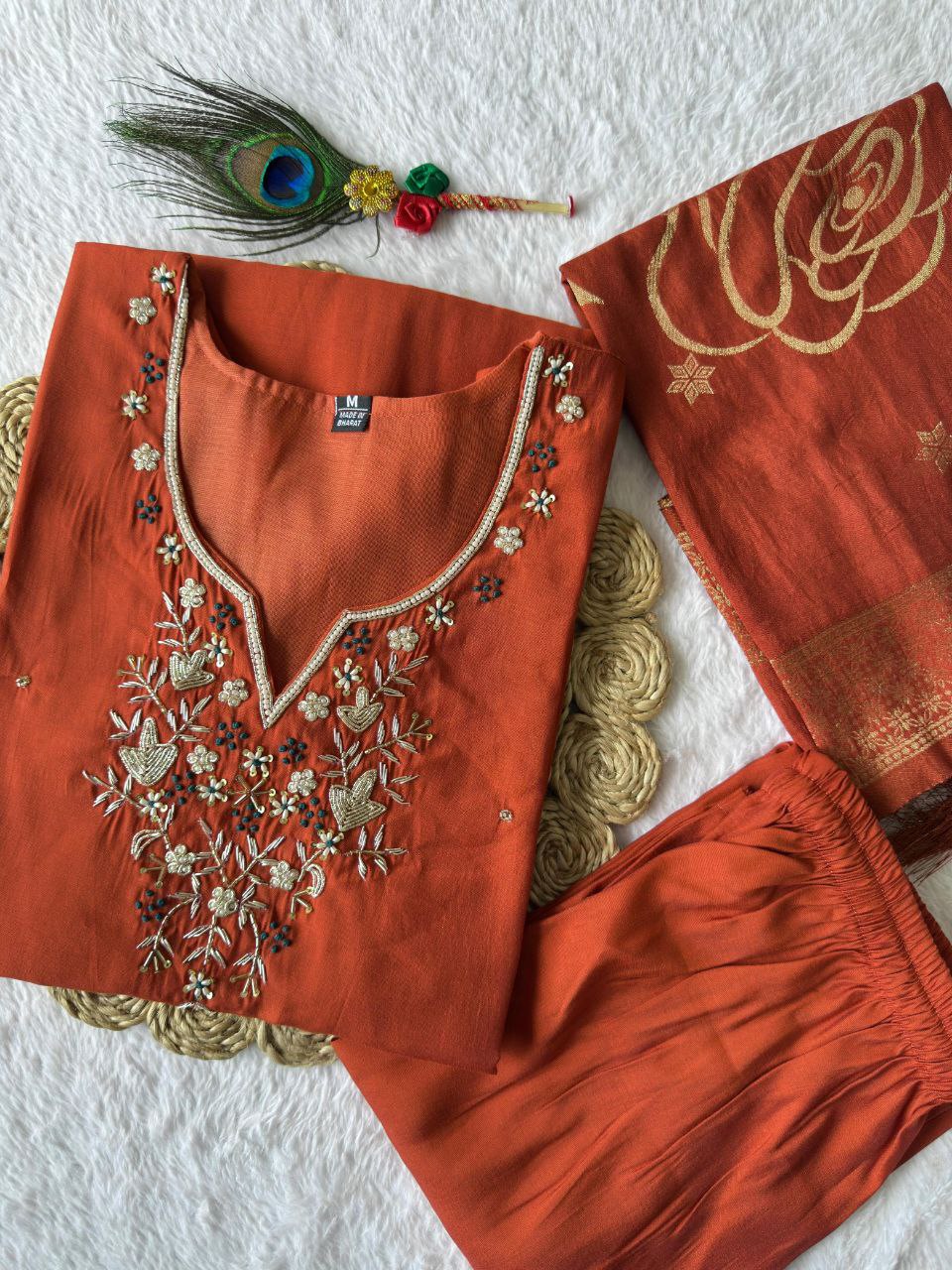 Premium Roman Silk New Designer Kurti Pant Dupatta Set
