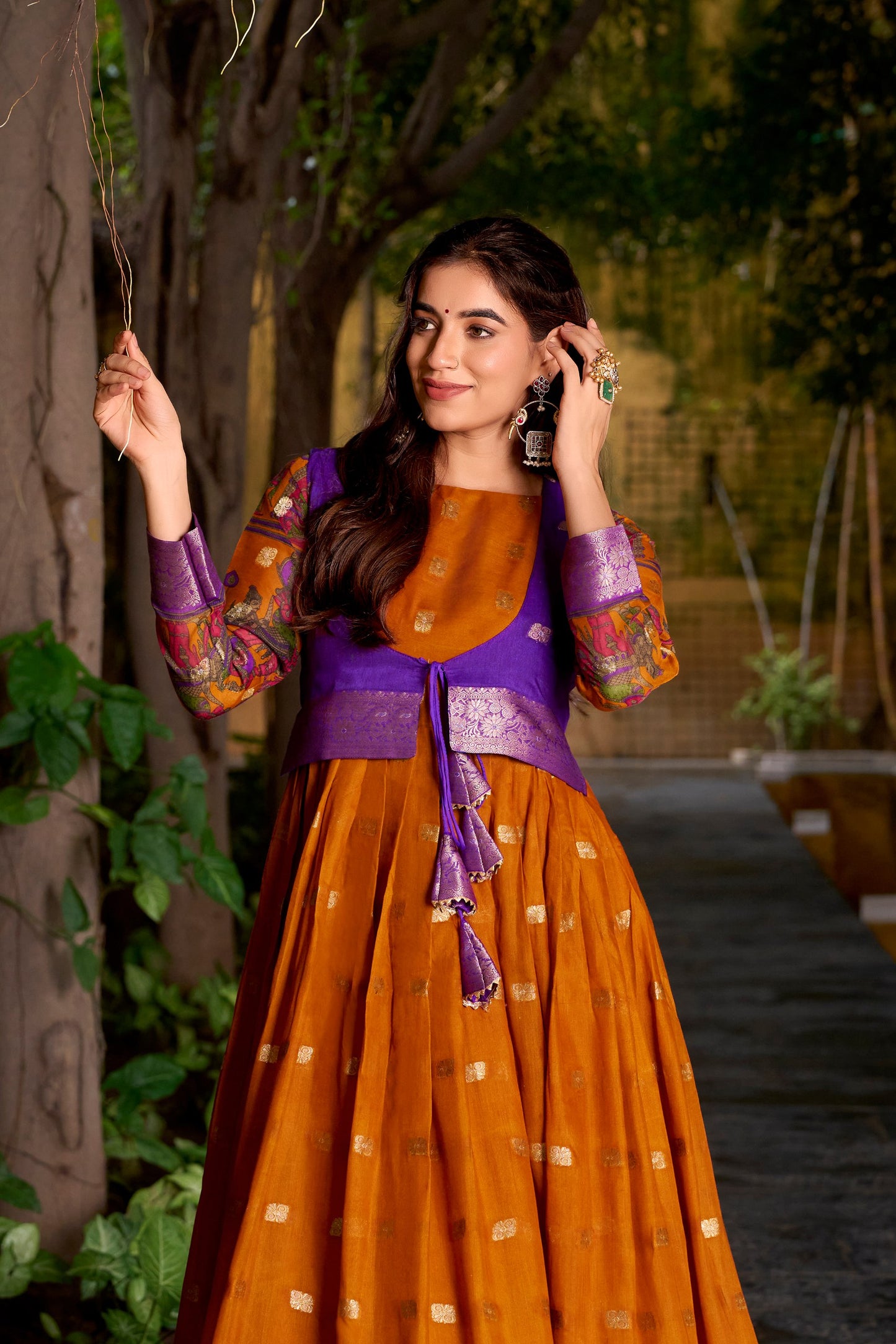 Chanderi-Style Flared Gown with Printed Koti