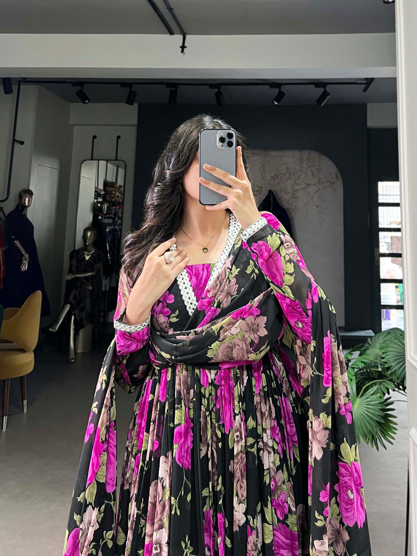 Floral Print Georgette Gown with Dupatta
