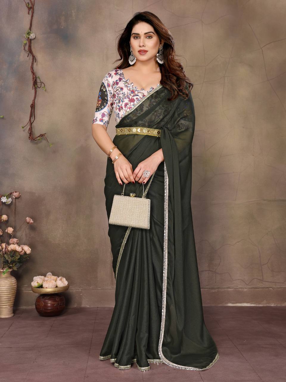 Star Georgette Silk Solid Saree with Mirror Lace