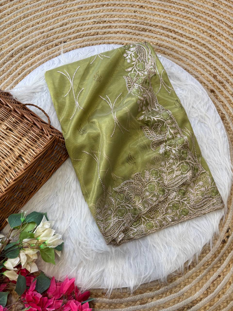 Pure Tissue Silk in solid color Saree With Embroidery viscose thread work with zarkhan
