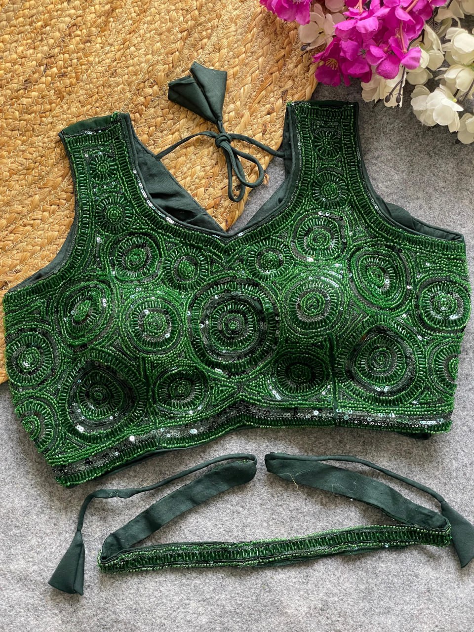 Stars & Beads Work on Neckline with Sequence & Cording Thread Embroidery Blouse