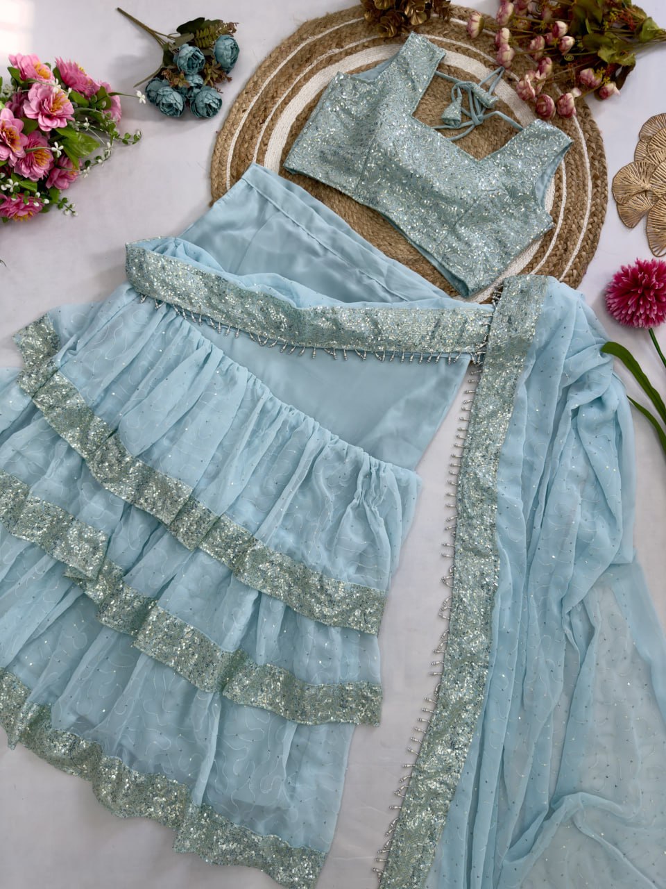 Georgette 3-Layer Ruffle with Attached Dupatta Ready To Wear Saree