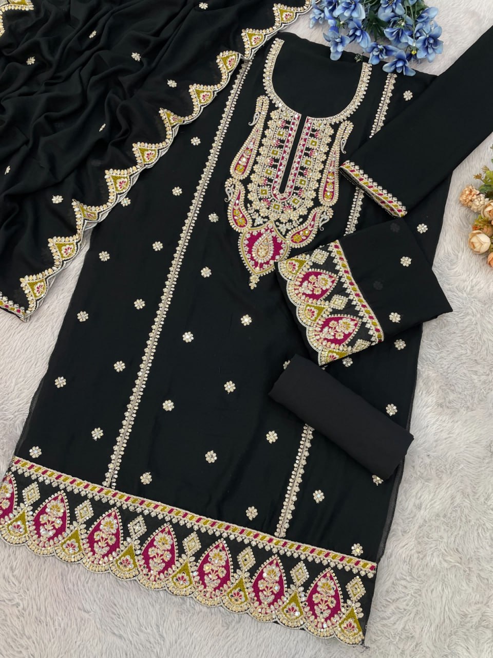 Chinon with Embroidered Cording & 3mm Sequence Thread work Suit
