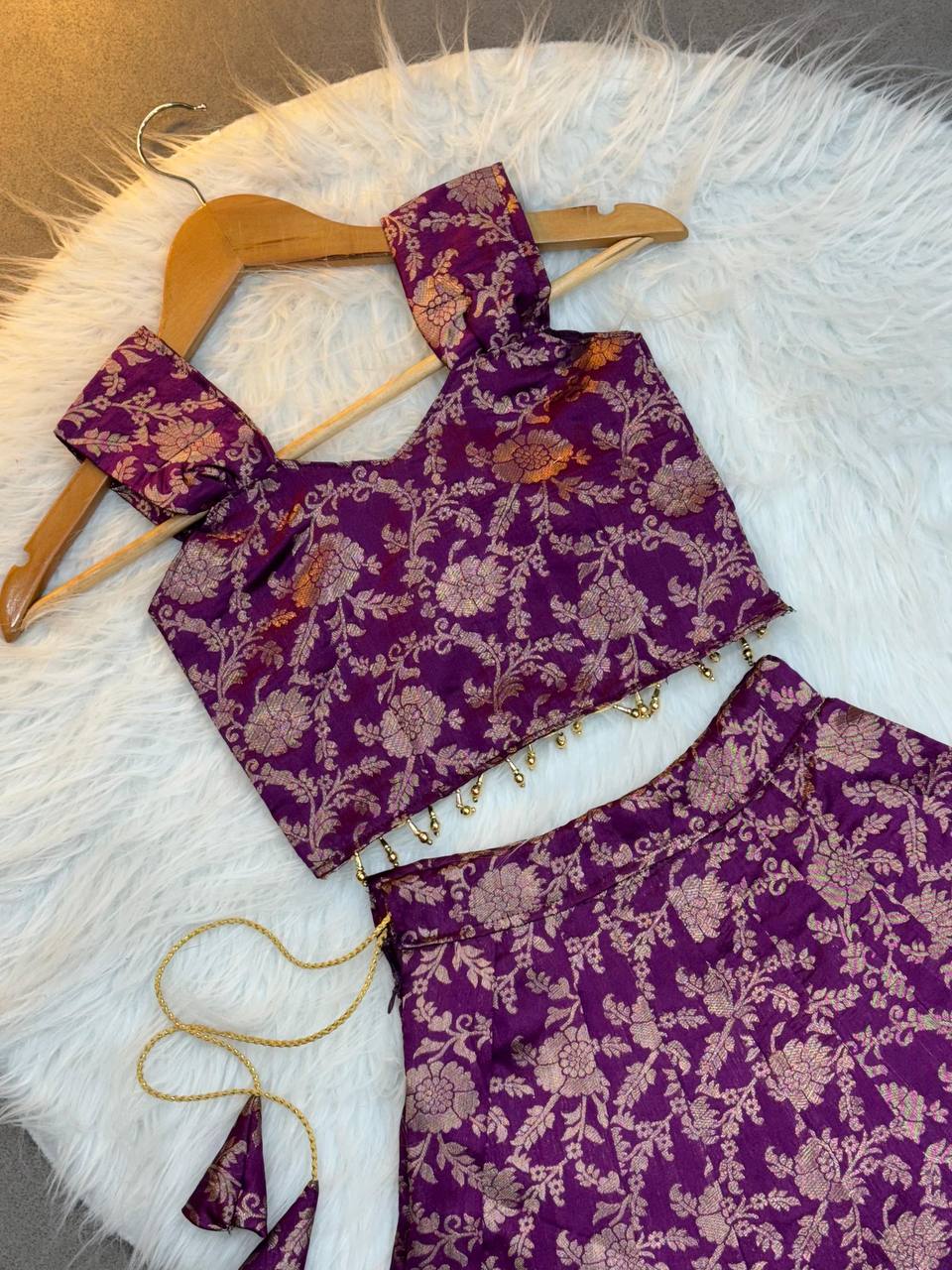 Kids Banarasi Silk Lehenga Choli with Jacquard Weaving & Moti Lace