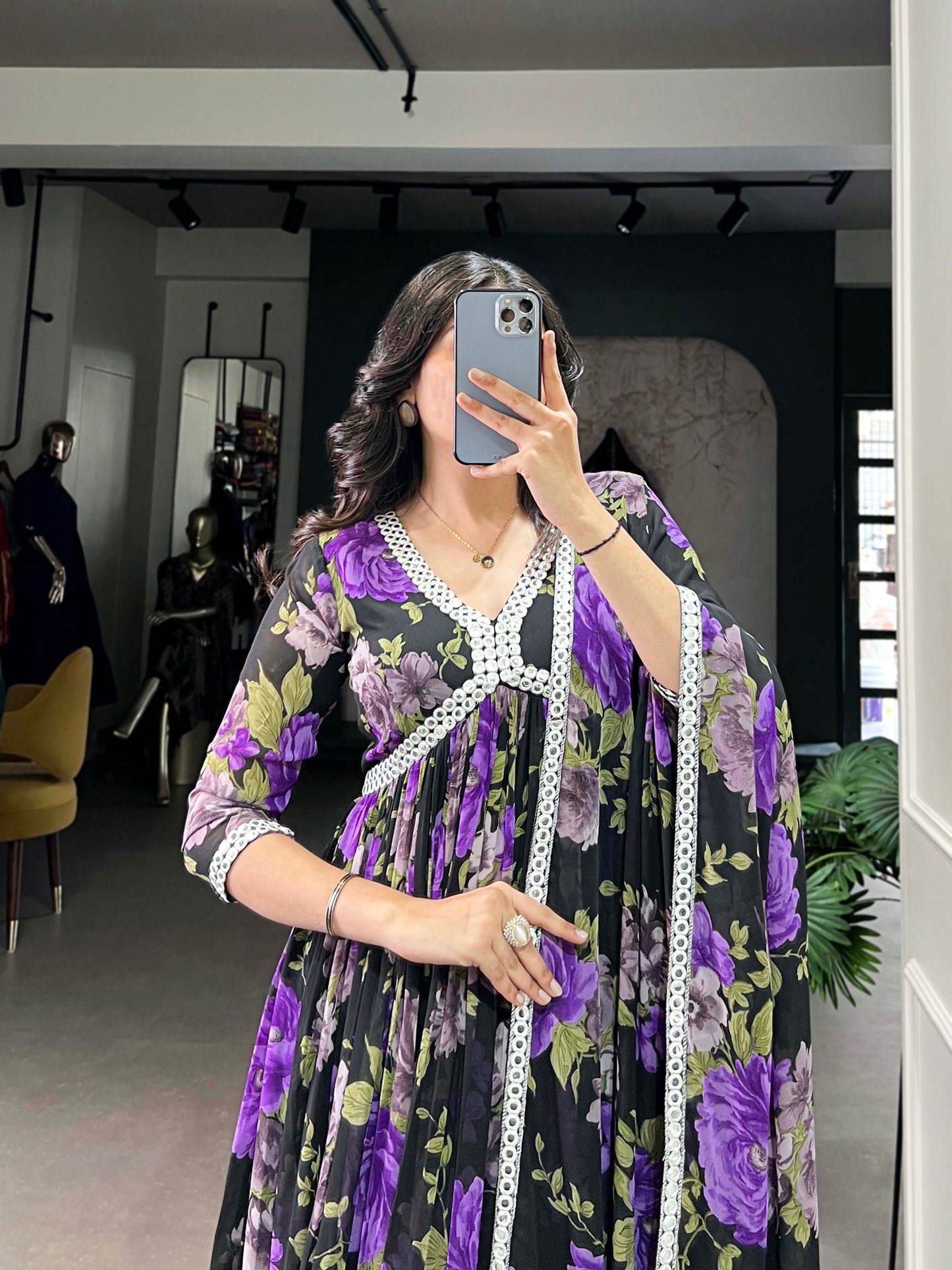 Floral Print Georgette Gown with Dupatta